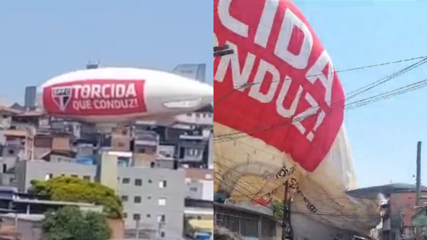 Balão dirigível com escudo do São Paulo cai em cima de casas em Osasco