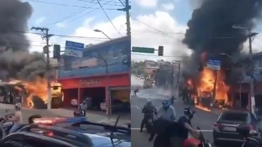 Caos na Zona Sul: ônibus em chamas desce desgovernado e colide com poste em SP