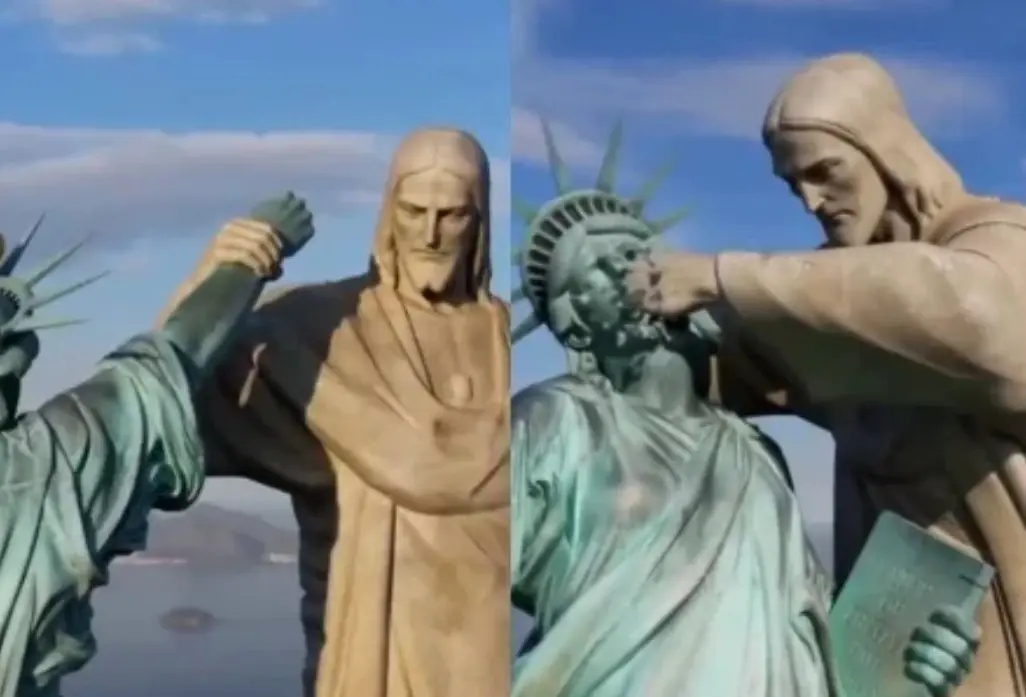 Vídeo criado por IA coloca Cristo Redentor contra a Estátua da Liberdade e amplia disputa simbólica entre Irã e Estados Unidos
