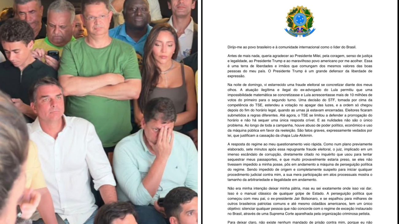 Flávio Bolsonaro se declara “presidente eleito”, muda a carta após repercussão e anuncia oposição a Lula a partir dos Estados Unidos Flávio Bolsonaro se declara “presidente eleito”, muda a carta após repercussão e anuncia oposição a Lula a partir dos Estados Unidos